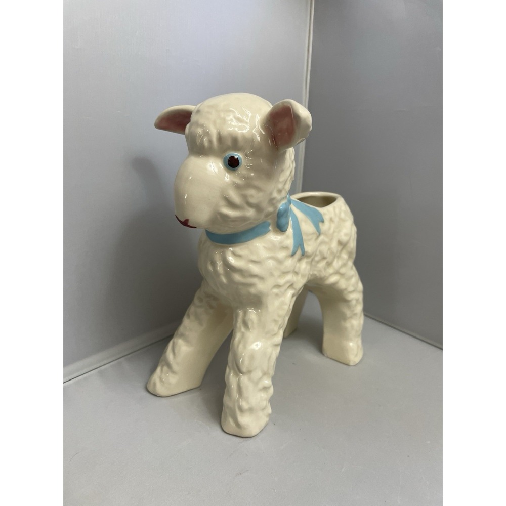 Vintage Hull Pottery‎ Lamb Planter Vase White Blue Bow Pink Ears 8" USA No 965